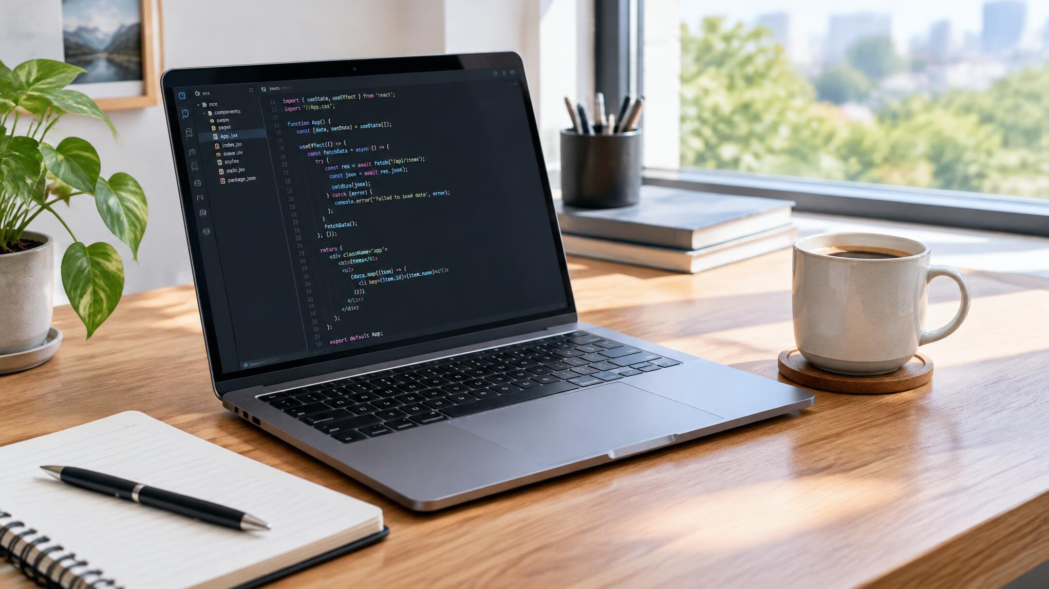 Laptop with source code on a bright desk